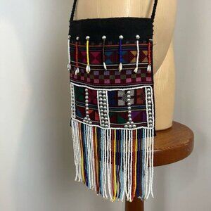 Vintage Handmade Seed Bead Purse Tapestry Cowrie Puka Shells Crossbody Bag